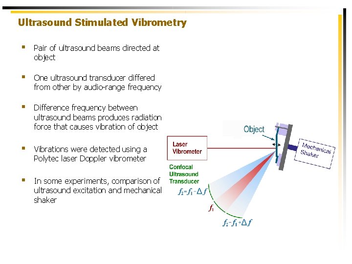 Ultrasound Stimulated Vibrometry § Pair of ultrasound beams directed at object § One ultrasound