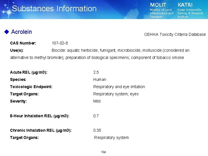 MOLIT Substances Information Ministry of Land, Infrastructure and Transport u Acrolein KATRI Korea Automobile