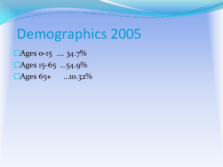 Demographics 2005 �Ages 0 -15 …. 34. 7% �Ages 15 -65 … 54. 9%