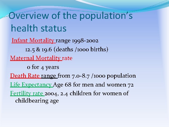 Overview of the population’s health status Infant Mortality range 1998 -2002 12. 5 &