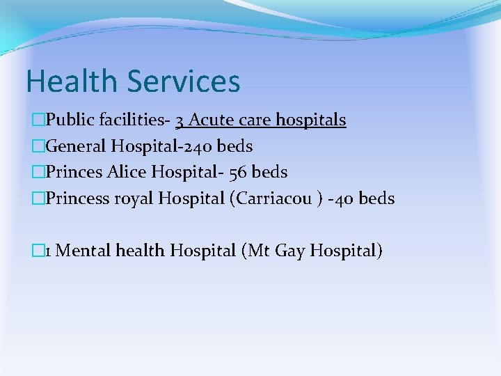 Health Services �Public facilities- 3 Acute care hospitals �General Hospital-240 beds �Princes Alice Hospital-