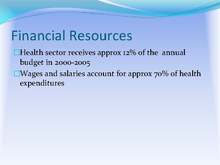 Financial Resources �Health sector receives approx 12% of the annual budget in 2000 -2005