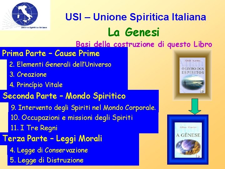 USI – Unione Spiritica Italiana La Genesi Basi della costruzione di questo Libro Prima