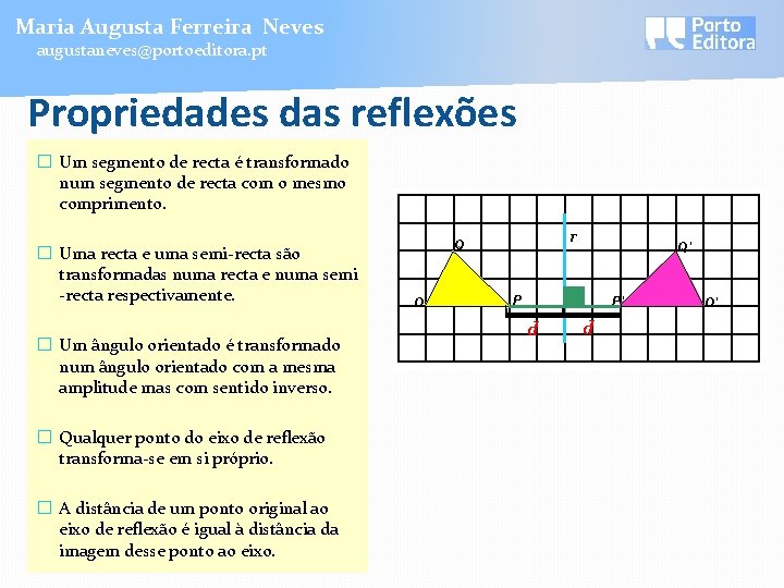 Maria Augusta Ferreira Neves augustaneves@portoeditora. pt Propriedades das reflexões � Um segmento de recta