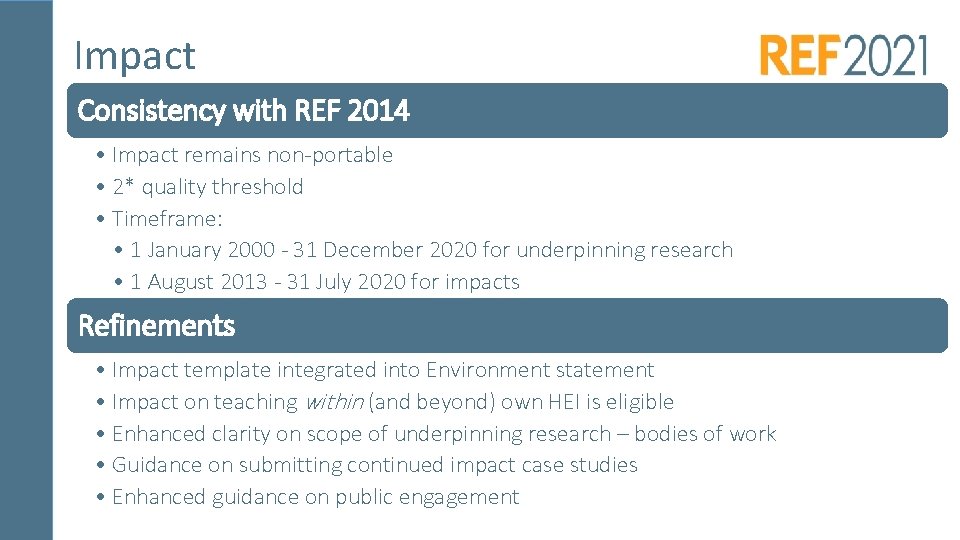 Impact Consistency with REF 2014 • Impact remains non-portable • 2* quality threshold •