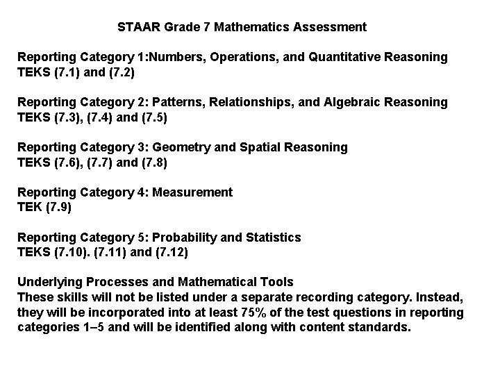 STAAR Grade 7 Mathematics Assessment Reporting Category 1: Numbers, Operations, and Quantitative Reasoning TEKS