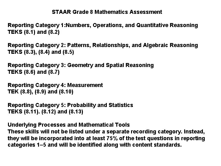 STAAR Grade 8 Mathematics Assessment Reporting Category 1: Numbers, Operations, and Quantitative Reasoning TEKS