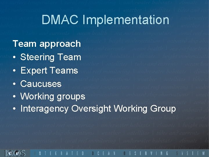 DMAC Implementation Team approach • Steering Team • Expert Teams • Caucuses • Working