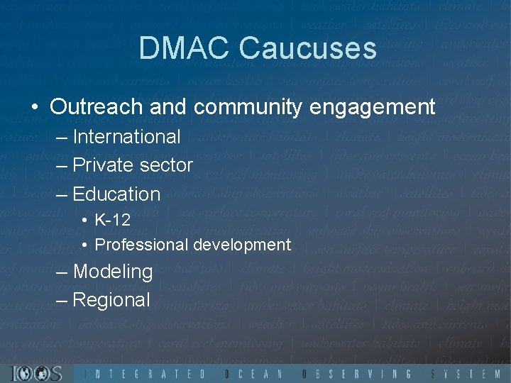 DMAC Caucuses • Outreach and community engagement – International – Private sector – Education