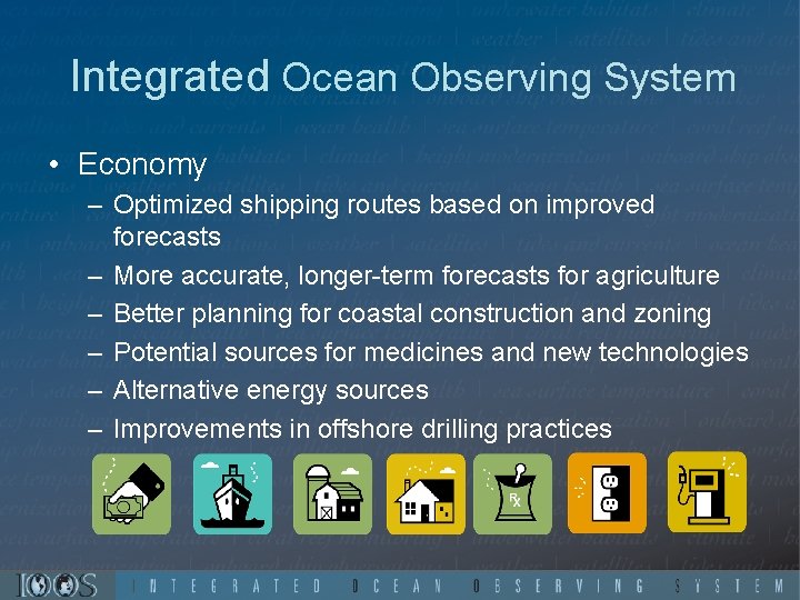 Integrated Ocean Observing System • Economy – Optimized shipping routes based on improved forecasts