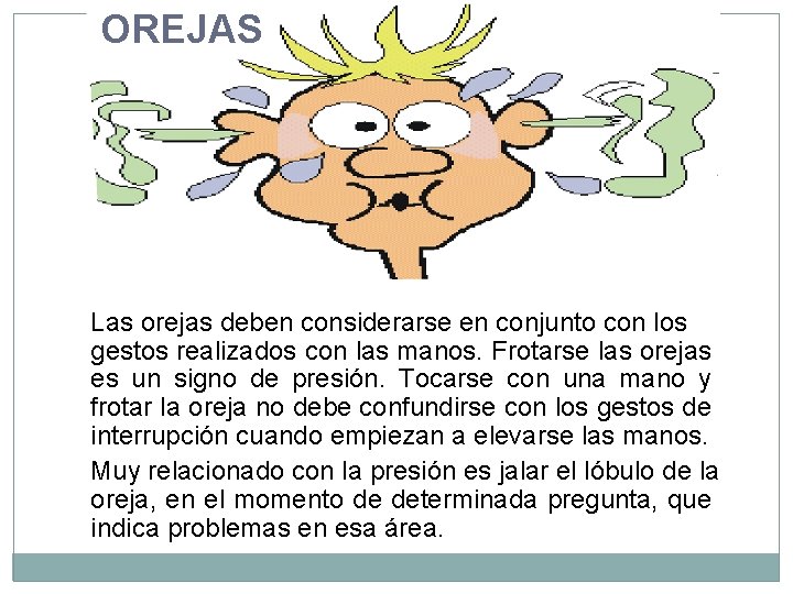 OREJAS Las orejas deben considerarse en conjunto con los gestos realizados con las manos.