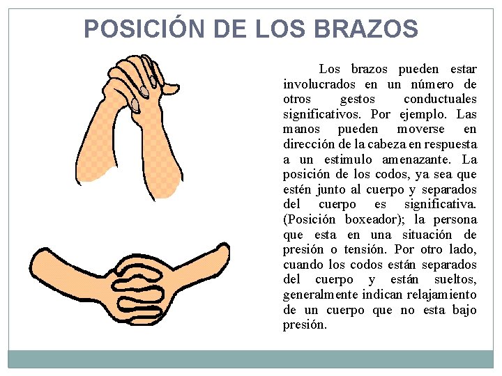 POSICIÓN DE LOS BRAZOS Los brazos pueden estar involucrados en un número de otros