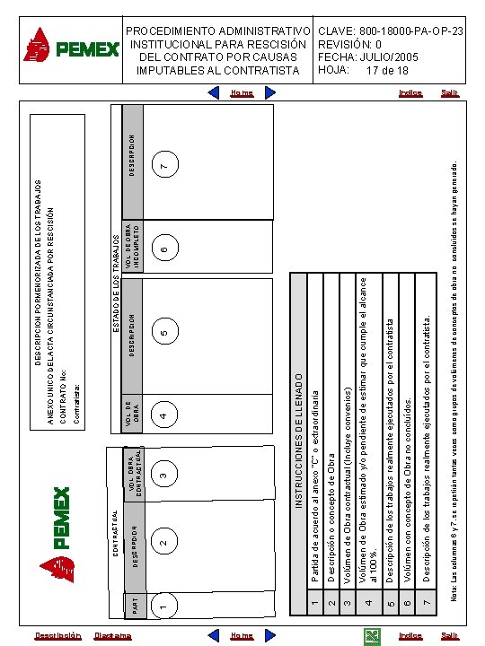 Descripción Diagrama Home 4 VOL. DE OBRA 7 DESCRPCION Indice Nota: Las columnas 6