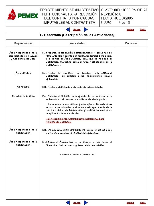 PROCEDIMIENTO ADMINISTRATIVO INSTITUCIONAL PARA RESCISIÓN DEL CONTRATO POR CAUSAS IMPUTABLES AL CONTRATISTA CLAVE: 800