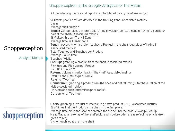 Shopperception is like Google Analytics for the Retail All the following metrics and reports Shopperception is like Google Analytics for the Retail All the following metrics and reports