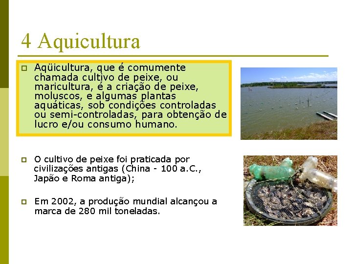 4 Aquicultura p Aqüicultura, que é comumente chamada cultivo de peixe, ou maricultura, é