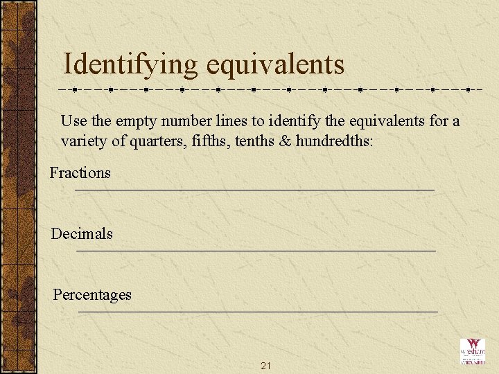 Identifying equivalents Use the empty number lines to identify the equivalents for a variety