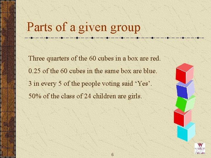 Parts of a given group Three quarters of the 60 cubes in a box