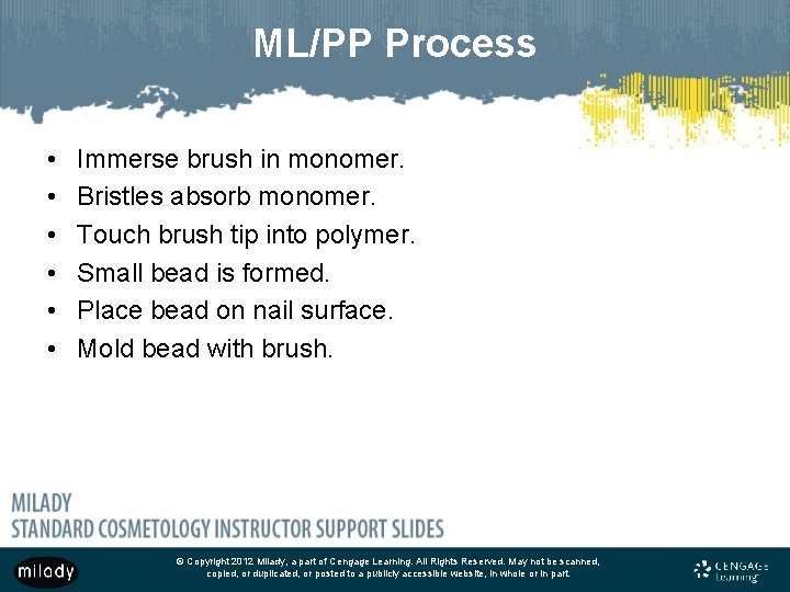 ML/PP Process • • • Immerse brush in monomer. Bristles absorb monomer. Touch brush
