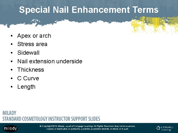Special Nail Enhancement Terms • • Apex or arch Stress area Sidewall Nail extension