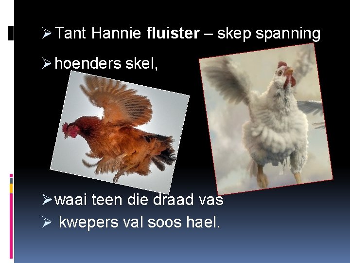 Ø Tant Hannie fluister – skep spanning Ø hoenders skel, Ø waai teen die