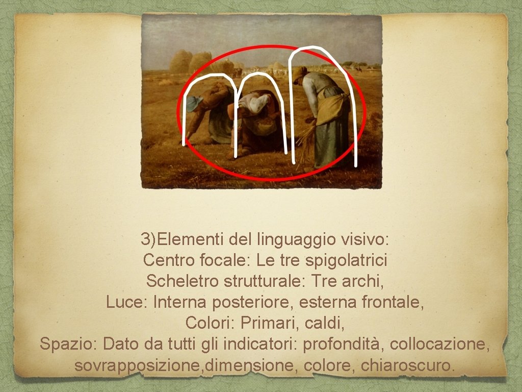 3)Elementi del linguaggio visivo: Centro focale: Le tre spigolatrici Scheletro strutturale: Tre archi, Luce: