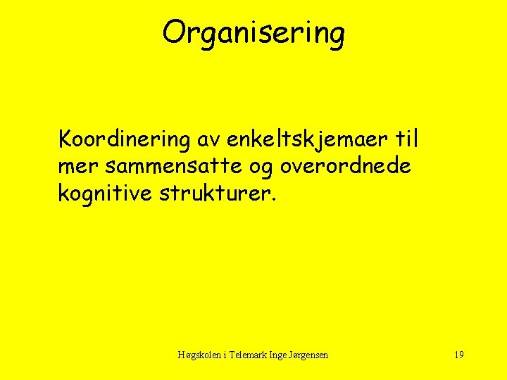 Organisering Koordinering av enkeltskjemaer til mer sammensatte og overordnede kognitive strukturer. Høgskolen i Telemark