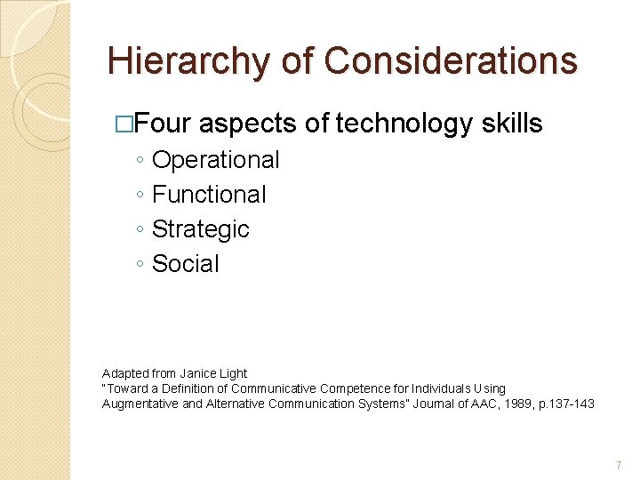 Hierarchy of Considerations �Four ◦ ◦ aspects of technology skills Operational Functional Strategic Social