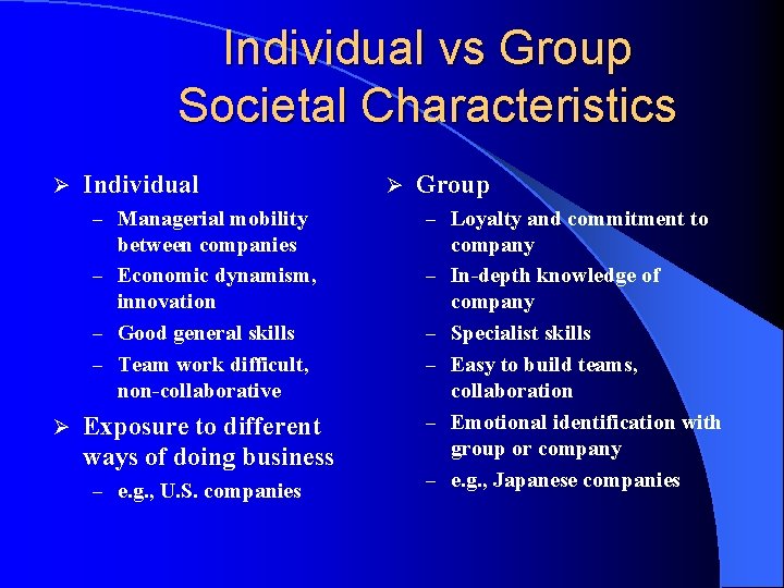 Individual vs Group Societal Characteristics Ø Individual – Managerial mobility between companies – Economic