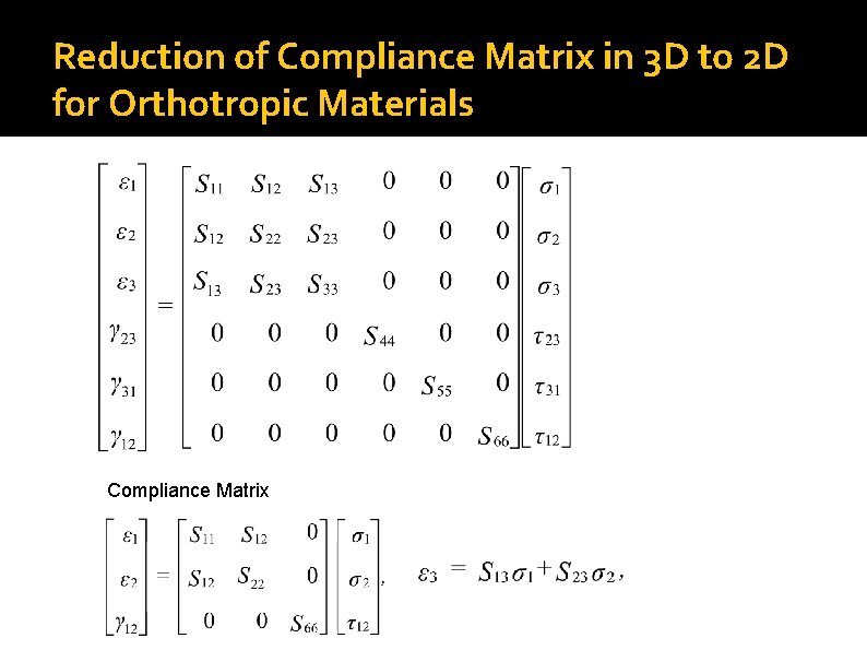 Reduction of Compliance Matrix in 3 D to 2 D for Orthotropic Materials Compliance