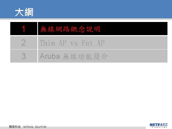 大綱 聯易科技 1 無線網路概念說明 2 Thin AP vs Fat AP 3 Aruba 無線功能簡介 © 大綱 聯易科技 1 無線網路概念說明 2 Thin AP vs Fat AP 3 Aruba 無線功能簡介 ©