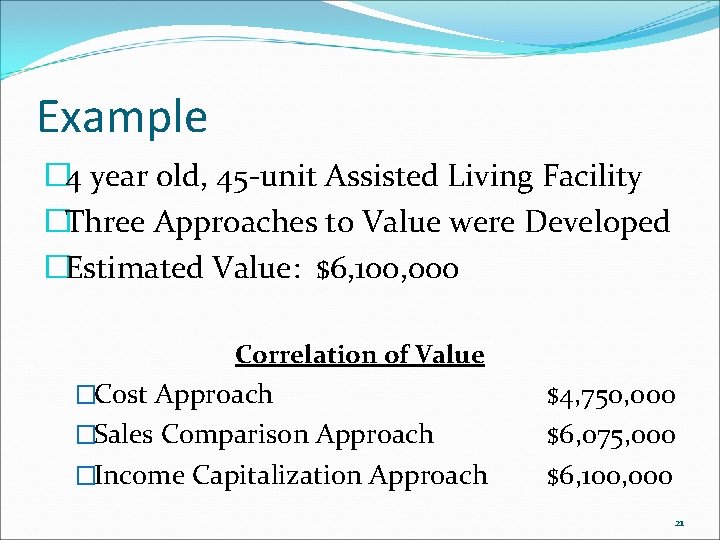 Example � 4 year old, 45 -unit Assisted Living Facility �Three Approaches to Value