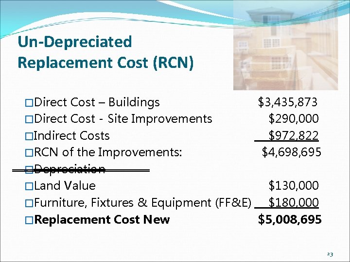 Un-Depreciated Replacement Cost (RCN) �Direct Cost – Buildings �Direct Cost - Site Improvements �Indirect