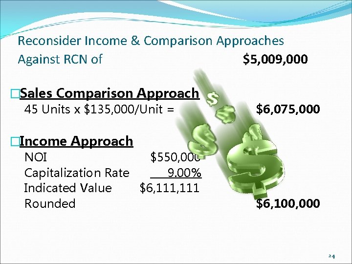 Reconsider Income & Comparison Approaches Against RCN of $5, 009, 000 �Sales Comparison Approach