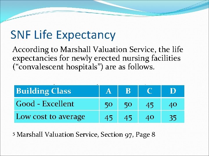 SNF Life Expectancy According to Marshall Valuation Service, the life expectancies for newly erected