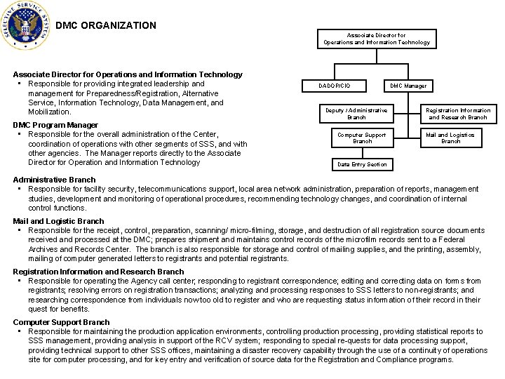 DMC ORGANIZATION Associate Director for Operations and Information Technology • Responsible for providing integrated DMC ORGANIZATION Associate Director for Operations and Information Technology • Responsible for providing integrated