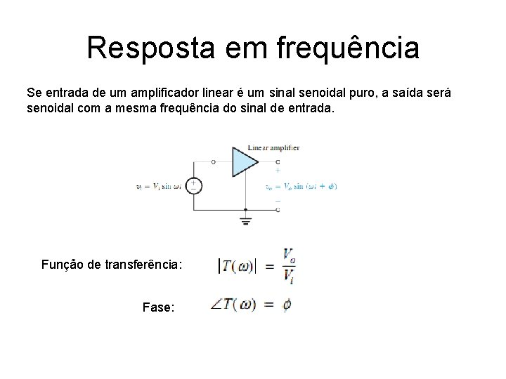 Resposta em frequência Se entrada de um amplificador linear é um sinal senoidal puro, Resposta em frequência Se entrada de um amplificador linear é um sinal senoidal puro,
