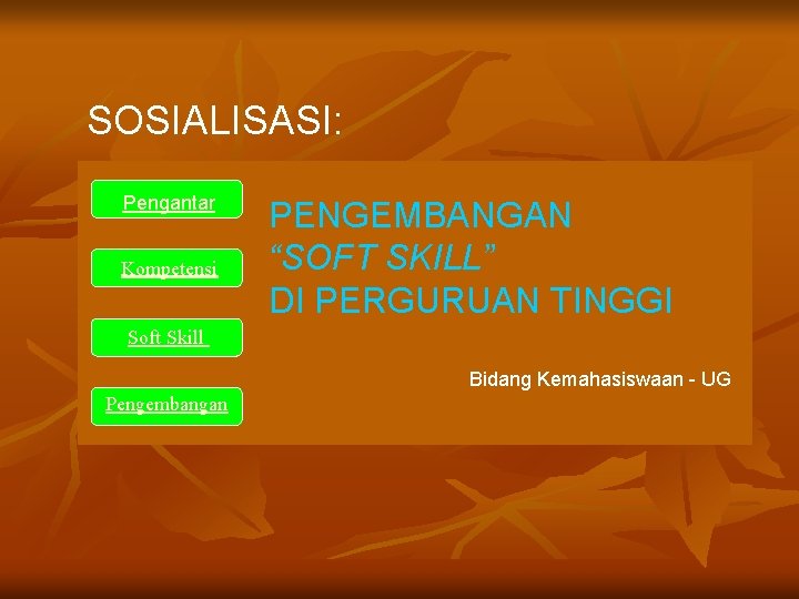 SOSIALISASI: Pengantar Kompetensi PENGEMBANGAN “SOFT SKILL” DI PERGURUAN TINGGI Soft Skill Bidang Kemahasiswaan -