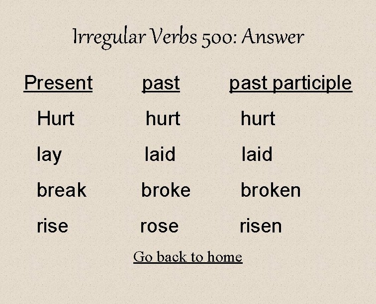 Irregular Verbs 500: Answer Present past participle Hurt hurt lay laid break broken rise