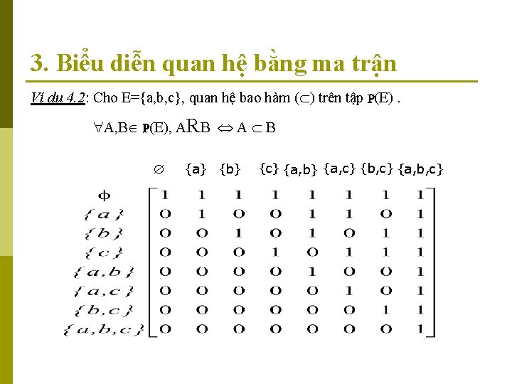 3. Biểu diễn quan hệ bằng ma trận Ví dụ 4. 2: Cho E={a,