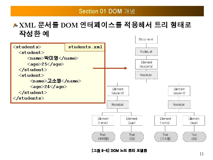 Section 01 DOM 개념 XML 문서를 DOM 인터페이스를 적용해서 트리 형태로 작성한 예 <students>