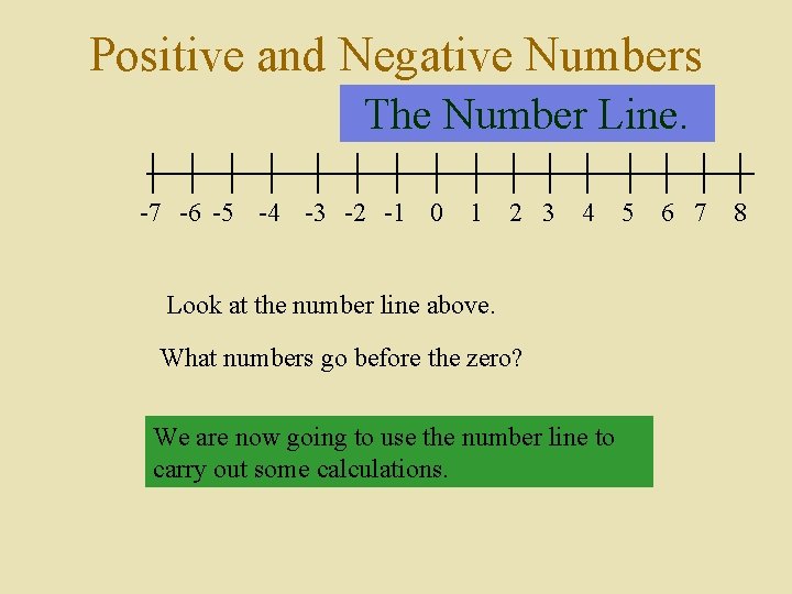 Positive and Negative Numbers The Number Line. -7 -6 -5 -4 -3 -2 -1