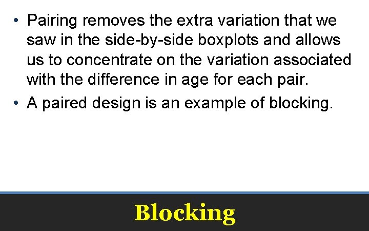  • Pairing removes the extra variation that we saw in the side-by-side boxplots
