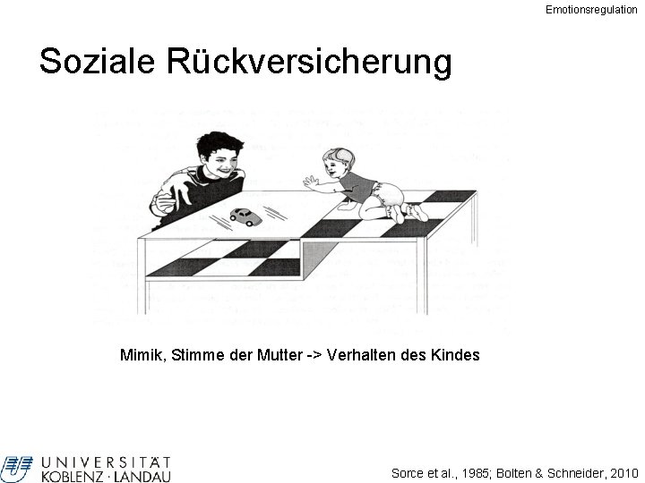 Emotionsregulation Soziale Rückversicherung Mimik, Stimme der Mutter -> Verhalten des Kindes Sorce et al.