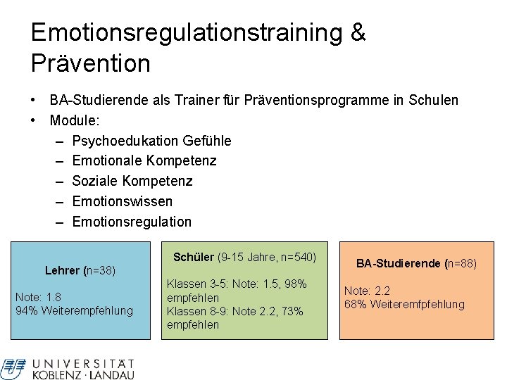 Emotionsregulationstraining & Prävention • BA-Studierende als Trainer für Präventionsprogramme in Schulen • Module: –