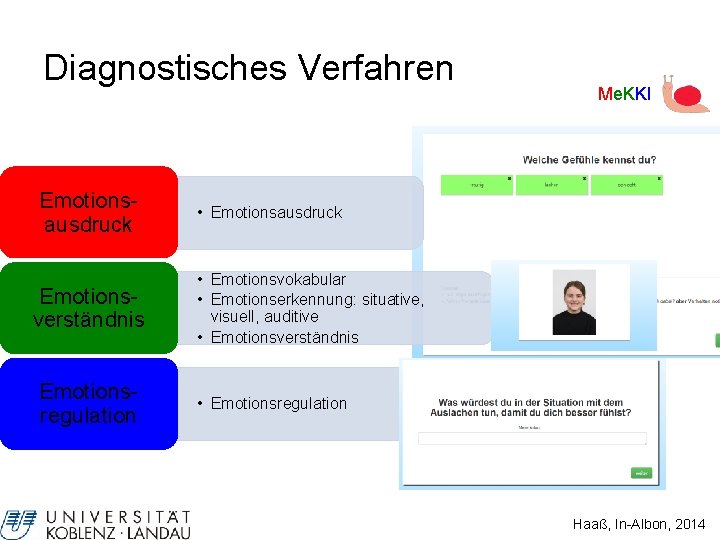 Diagnostisches Verfahren Emotionsausdruck Emotionsverständnis Emotionsregulation Me. KKI • Emotionsausdruck • Emotionsvokabular • Emotionserkennung: situative,