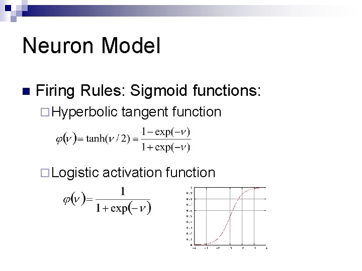 Neuron Model n Firing Rules: Sigmoid functions: ¨ Hyperbolic ¨ Logistic tangent function activation