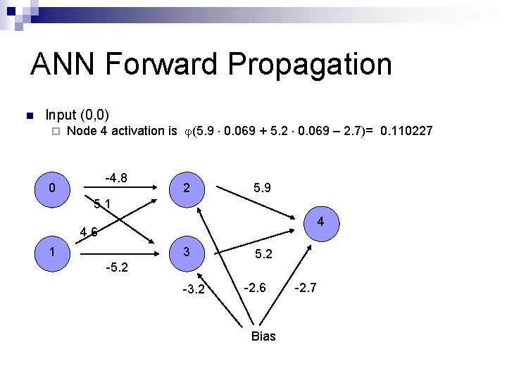 ANN Forward Propagation n Input (0, 0) ¨ Node 4 activation is (5. 9