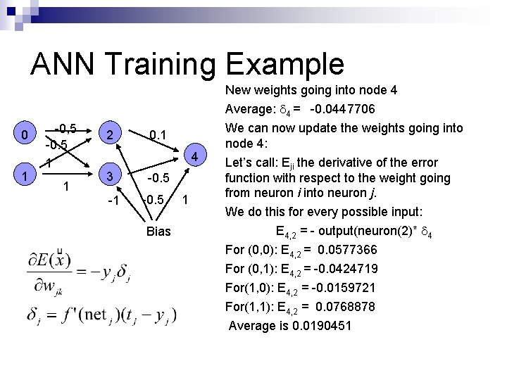 ANN Training Example New weights going into node 4 0 1 -0, 5 -0.