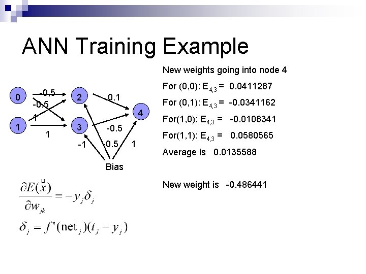 ANN Training Example New weights going into node 4 0 1 -0, 5 -0.